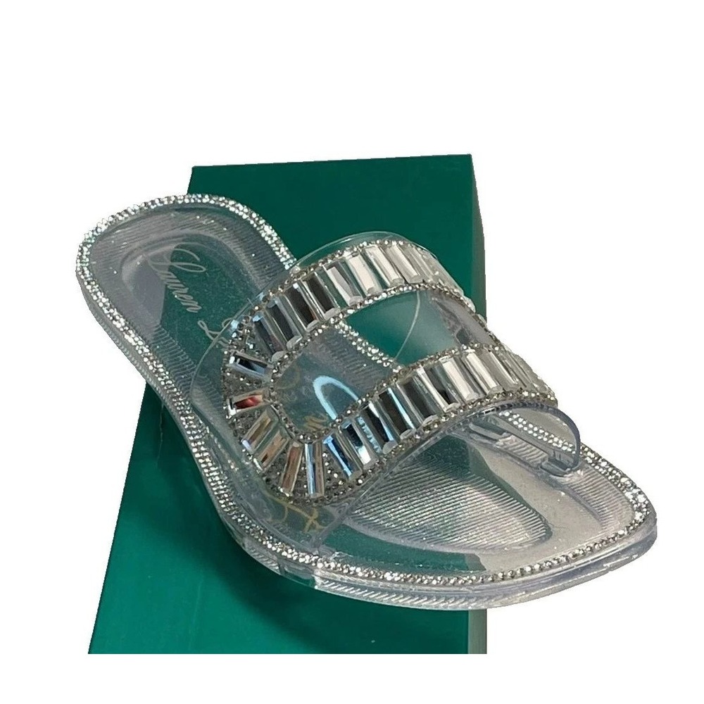 Lauren Lorraine Womens Clear Slide Sandals Rhinestone Glitter Flat Slides 8 New